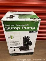 Front of original Eco-Flo box labeled Cast Iron Submersible Sump Pump 3/4 HP