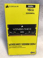 Front of sealed box showing Corsair Vengeance DDR4 16GB 3200MHz SO-DIMM memory module.