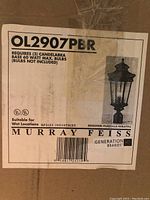 Close-up photo of the box label showing model number OL2907PBR, usage details, design credit, and brand Murray Feiss.