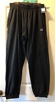 Front view of new with tags Champion black jogger pants, size large, showing elastic waistband and Champion logo on thigh.