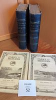 Two hardcover volumes of Harper's Weekly magazines standing upright with several Parks & Recreation magazine issues laid flat in front.