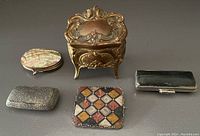 Group photo showing all five items in the lot including jewelry box, mother of pearl coin purse, Hanko seal, brooch, and pill box