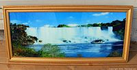 Frontal view of the vintage illuminated Niagara Falls wall display in daylight, showing the detailed image and ornate gold frame.