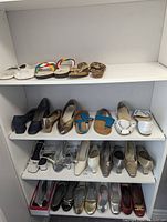 Full view of all shelves showing all 17 pairs of women's shoes arranged by type and color.