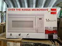 Front of the microwave box showing RCA branding, microwave picture, and key features including child lock, electronic touchpad, and 1000 watts power.