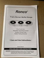 Ronco triple burner buffet range care and use instructions manual showing features and model number MK-337
