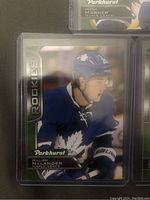 Close-up of William Nylander rookie card in Toronto Maple Leafs uniform with 'Rookies' and 'Parkhurst' branding.