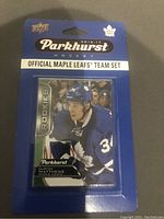 Front photo of sealed 2016-17 Upper Deck Parkhurst Official Maple Leafs hockey card team set featuring Auston Matthews rookie card pack.