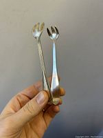 Front and side view of the sterling silver sugar tongs held in hand showing clawed ends and polished finish.