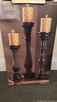 Photo of the Fitz and Floyd Baroque Candle Pillars in original box showing three pillar candle holders with candles.