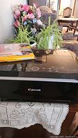 Canon Pixma MG5320 printer on table with plants and partial box of picture paper on top for scale and context.