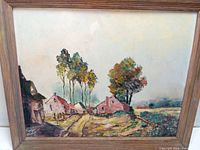 Frontal view of the oil painting depicting houses and trees in a rural landscape.