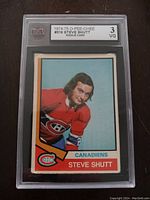 Front view of the 1974-75 O-PEE-CHEE Steve Shutt rookie card inside the KSA graded protective case with a grade of 3 VG visible.