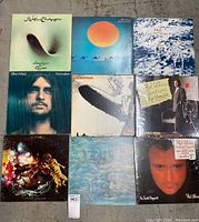 Front covers of nine rock vinyl LP albums in a 3x3 grid with visible titles and artists.