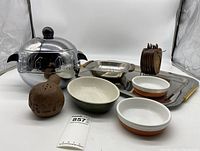 Full set of West Bend hot cold server with trays, bowls, wooden coasters with holder and vintage metal decor item