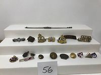 Overview of various antique and vintage hat pins, buttons, and other pin-style collectibles arranged in rows.