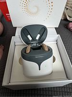 Pair of beige rechargeable hearing aids seated in open charging case inside original box.