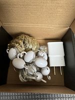 Photo of coiled LED curtain light strands with attached white power adapter inside a cardboard box