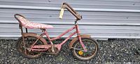 Side view of vintage rusted pink Ross Polo bike with banana seat.