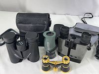 Overall view of the four optical devices with cases: REI binoculars, Limer binoculars, Vortex monocular, and opera glasses.