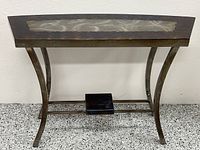 Front elevation view showing overall curved-leg console table with iridescent top