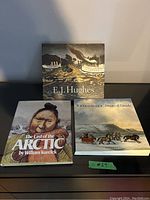 Three Canadian art coffee table books side by side, titles visible: E.J. Hughes, The Last of the Arctic by William Kurelek, Krieghoff Images of Canada