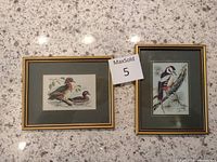 Two framed silk woven bird pictures placed on a reflective speckled surface. Left picture shows pair of ducks, right picture shows woodpecker on pine branch.