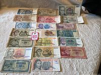 Overview photo of all Yugoslavian circulated currency banknotes displayed on surface in various denominations