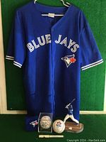 Full lot view displaying blue Jays jersey, baseballs in cases, figurine, wristband and pen on green background