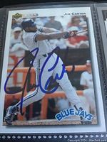 Autographed Joe Carter Blue Jays baseball card with clear blue ink signature