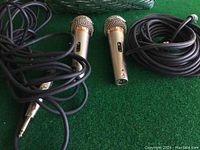 Two silver wired microphones with attached long black cables coiled beside each microphone, viewed from an angle showing most of the cable length.