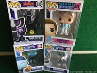 Front view of all four boxed Funko Pop figures showing Black Panther Avengers 830, Crockett Miami Vice 939, Wet/Fire Space Jam 1088, Bugs Bunny Space Jam 1060.
