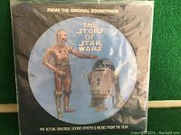 Front cover of the Star Wars vinyl soundtrack showing the title and artwork of C-3PO and R2-D2 on a blue circular background.