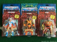 Three Masters of the Universe figures in packaging, showing Sorceress, Hypno, and Jitsu characters in blister packs with card backing.
