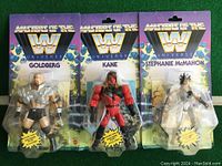 Full view of three WWE Masters of the Universe action figures in sealed packaging: Goldberg, Kane, Stephanie McMahon.
