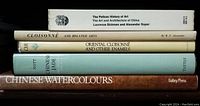 Stack of five books related to Chinese art, jade, cloisonné, watercolours, and architecture, showing titles and condition of spines and covers.