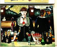 Close-up photo of tile depicting Manet's Bar at the Folies-Bergere, a woman behind a bar with bottles and glasses.