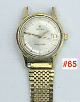 Front view of watch face showing Omega logo, Ladymatic script, baton markers and date window