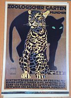 Poster with a sitting leopard and black panther silhouette promoting Zoologischer Garten München, in muted tones and German text.