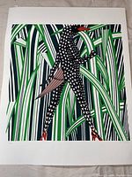 Full view of the serigraph print showing the bird with red shoes and reed background