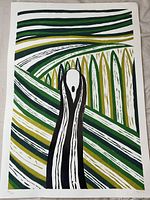 Full view of serigraph showing green, olive and black striped composition with central figure