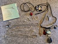 Full assortment of costume jewelry including necklaces, earrings, pendants, bracelets, and rings shown laid out on a grey surface