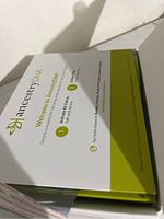 Photo of the Ancestry DNA Kit box showing the welcome message and activation instructions.