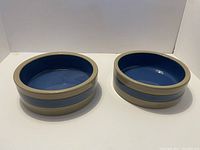 Two large ceramic dog bowls with blue interiors and brown outer bands placed side by side.