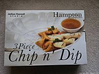 Photo of the unopened box of the 3-piece chip and dip set from Joshua Maxwell Studio Hampton Collection