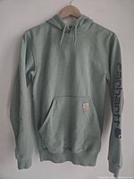 Front view of light green Carhartt hoodie with a front kangaroo pocket and Carhartt sleeve text.