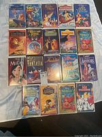 Front view of 19 Disney VHS tapes arranged on a white surface showing cover artwork.