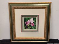 Full view of framed oil painting showing decorative green and gold frame with double mats and the iris flower painting inside.