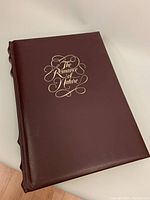 Front cover of the burgundy leather-bound book with gold foil stamped title