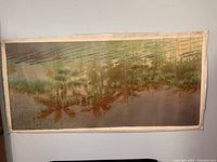 Full view of the 24x52 inch oil painting on linen showing grassy and earthy tones with visible cracks and signs of wear.